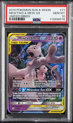 2019 POKEMON SUN & MOON UNIFIED MINDS #71 MEWTWO & MEW GX PSA 10 - Image 1