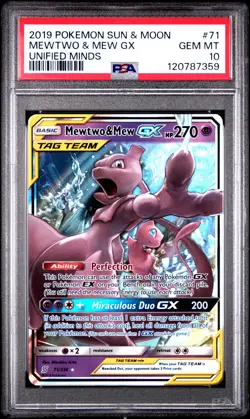 2019 POKEMON SUN & MOON UNIFIED MINDS #71 MEWTWO & MEW GX PSA 10 - Image 1