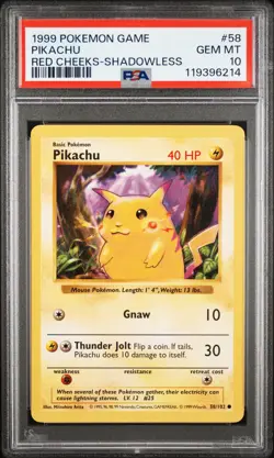 1999 POKEMON GAME RED CHEEKS-SHADOWLESS #58 PIKACHU PSA 10 - Image 1