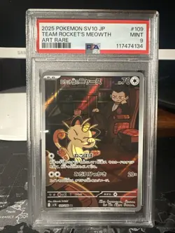 Pokemon Team Rockets Meowth TCG Card 109/098 Sv10: GOTR Art Rare PSA 9 - Image 1
