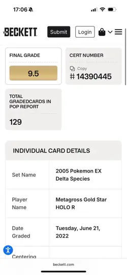 2005 Pokemon Metagross Gold Star EX Delta Species BGS 9.5 Holo R Card - Image 5
