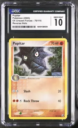 CGC 10 Pupitar 70/115 EX Unseen Forces 2005 Reverse Holo Pokemon Card TCG - Image 1