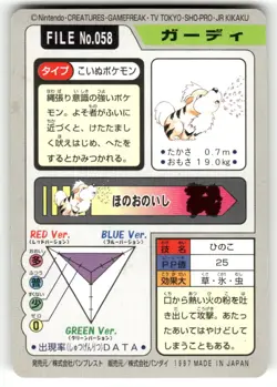 1997 MP Pokemon Growlithe No. 058 Bandai Carddass Series 3-4 Japanese - Image 2