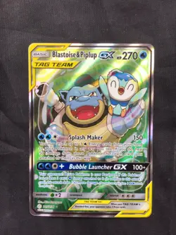 Pokemon Cards: Cosmic Eclipse Ultra Rare Full Art: Blastoise & Piplup GX 215/236 - Image 1