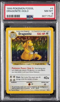 1999 POKEMON FOSSIL #4 DRAGONITE-HOLO PSA 8 - Image 1