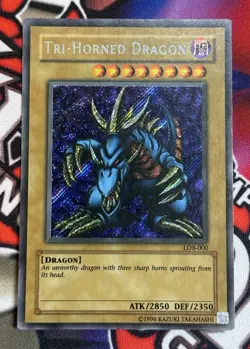 YuGiOh Tri-Horned Dragon LOB-000 Secret Rare Wavy Original Print 2002 LP - Image 1