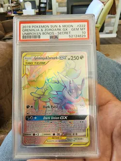 Pokemon Unbroken Bonds Greninja & Zoroark GX 222/214 Secret Rainbow Holo PSA 10 - Image 1