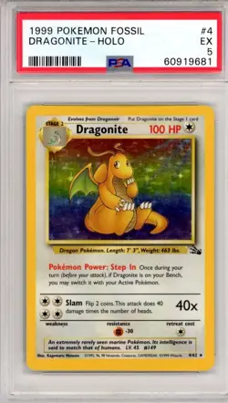 1999 POKEMON FOSSIL #4 DRAGONITE-HOLO PSA 5 - Image 1