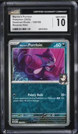 2025 Pokemon SV Destined Rivals Reverse Holo Marnie's Purrloin #130 CGC 10 GEM - Image 1