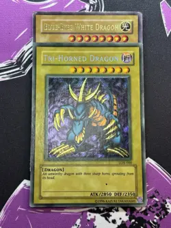 Yugioh Tri-Horned Dragon LOB-000 Legend of Blue Eyes White Dragon Faded/Wavy NM - Image 1