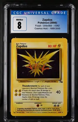 1999 Pokemon Zapdos Fossil 15/62 Cosmos Holo CGC 8 Graded - Image 1