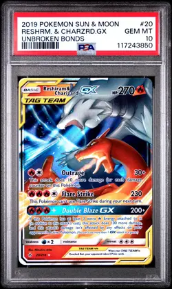 2019 POKEMON SUN & MOON UNBROKEN BONDS #20 RESHIRAM & CHARIZARD GX PSA 10 - Image 1