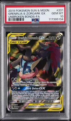 2019 POKEMON SUN & MOON UNBROKEN BONDS FULL ART/GRENINJA & ZOROARK GX PSA 10 - Image 1