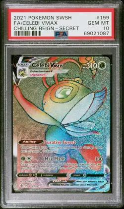 PSA 10 Celebi VMAX 199/198 RAINBOW SECRET RARE SWSH Chilling Reign Pokemon Card - Image 1