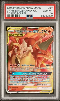 2019 POKEMON SUN & MOON COSMIC ECLIPSECHARIZARD & BRAIXEN GX 22 PSA 10 - Image 1