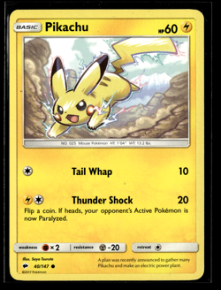 Pikachu - 40/147 - Common NM, English Pokemon Sun & Moon Burning Shadows LP/NM - Image 1