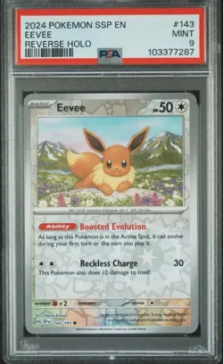 2024 POKEMON SSP EN-SURGING SPARKS REVERSE HOLO #143 EEVEE GRADED MINT PSA 9 - Image 1