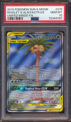 2019 POKEMON UNIFIED MINDS ROWLET & ALOLAN EXEGGUTOR GX FULL ART #215 PSA 10 - Image 1