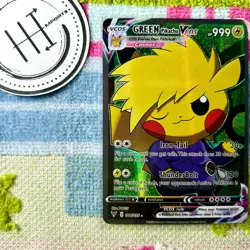 GREEN Pikachu VCOS Pokemon Card Holo Cosplay ART - Image 1