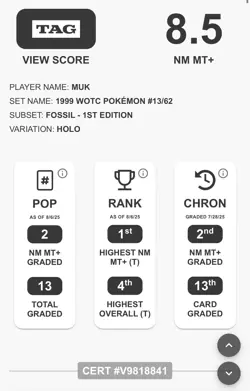 1st Edition Muk 13/62 Fossil Set Holo Rare Vintage 1999 Pokemon Card TAG 8.5 - Image 2