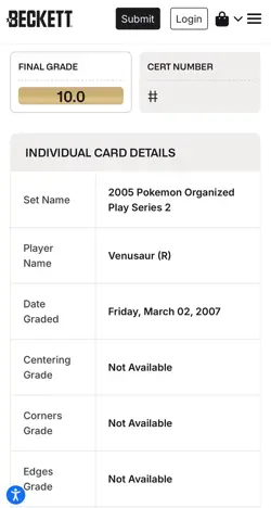 Pokemon 2004 Venusaur OP Series 2 Promo Card 6/17 Beckett BCCG 10 MINT - Image 3