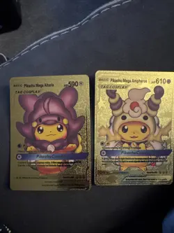 Pikachu Mega Ampharos/Altaria Gold Foil Cosplay Tag Display Card NM/M Condition - Image 1