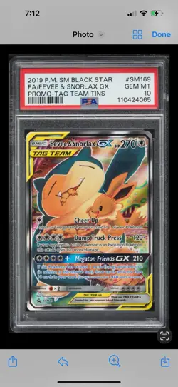 2019 POKEMON TAG TEAM TINS PROMO #SM169 FULL ART/EEVEE & SNORLAX GX PSA 10 - Image 1