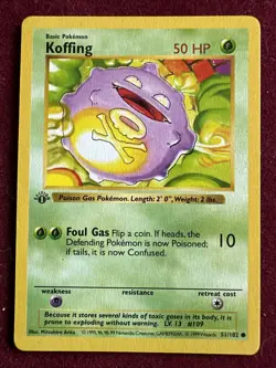 1st Edition Shadowless Koffing 51/102 Base Set Rare Vintage 1999 Pokemon Card - Image 1