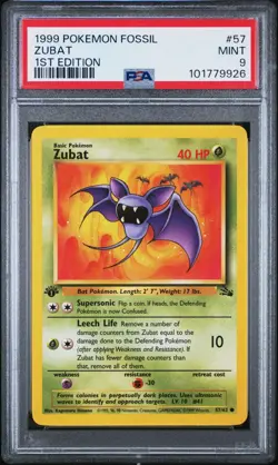 1999 POKEMON FOSSIL 1ST EDITION #57 ZUBAT PSA 9 - Image 1
