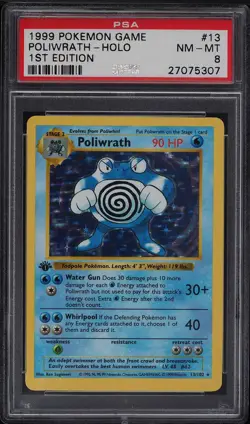 1999 Pokemon Base Set Shadowless 1st Edition Holo Poliwrath #13 PSA 8 NM-MT - Image 1