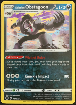 Pokemon Galarian Obstagoon 037/073 Holo Rare Champion's Path Near Mint - Image 1