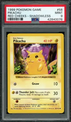 1999 Pokemon Base Set Red Cheeks Shadowless Pikachu #58 PSA 9 MINT - Image 1