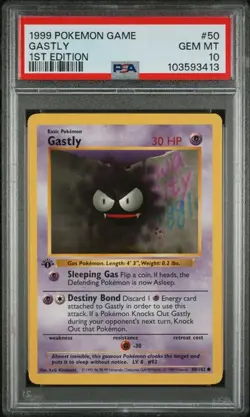 Pokemon PSA 10 GEM MINT Gastly 1st Edition Base Set Shadowless 1999 Card 50/102 - Image 1