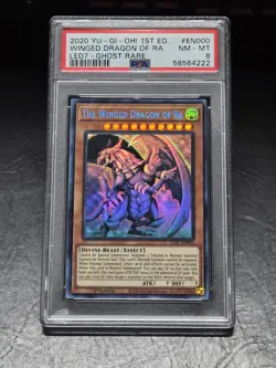 2020 Winged Dragon of Ra 1st Edition Ghost Rare LED7-EN000 YUGIOH PSA 8 MINT NM - Image 1