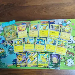 Pokemon TCG Japanese Pikachu Cards Bulk Lot 14 Cards with Deck Shield Sleeves LP - Image 1