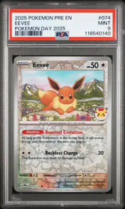 2025 POKEMON PRE EN-PRISMATIC EVOLUTIONS POKEMON DAY 2025 #074 EEVEE PSA 9 - Image 1
