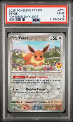 2025 POKEMON PRE EN-PRISMATIC EVOLUTIONS POKEMON DAY 2025 #074 EEVEE PSA 9 - Image 1