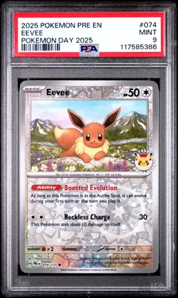 2025 POKEMON PRE EN-PRISMATIC EVOLUTIONS POKEMON DAY 2025 #074 EEVEE PSA 9 - Image 1