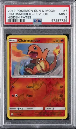 2019 POKEMON SUN & MOON HIDDEN FATES #7 CHARMANDER-REVERSE FOIL PSA 9 - Image 1