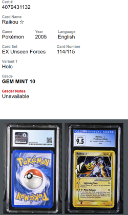 Pokemon Raikou Gold Star EX Unseen Forces Holo Rare #114 CGC 9.5Gem Mint - Image 2