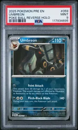 2025 POKEMON PRE EN-PRISMATIC EVOLUTIONS POKE BALL REVERSE HOLO UMBREON PSA 9 - Image 1