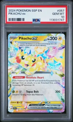 2024 POKEMON CARD SSP EN SURGING SPARKS #057 PIKACHU EX PSA 10 GEM MINT - Image 1
