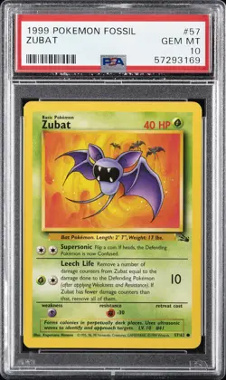 1999 POKEMON FOSSIL #57 ZUBAT PSA 10 - Image 1