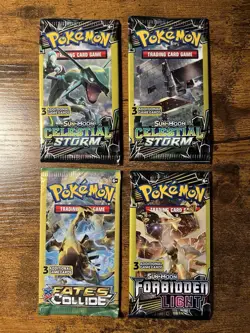 Pokemon Sun and Moon 3 Card Mini Booster Packs Celestial Storm Etc. Lot Of 4 - Image 1