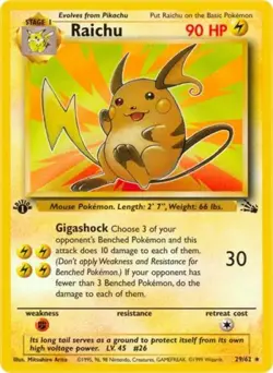 Pokemon Raichu (29) LP 1st Edition Normal Fossil - Image 1