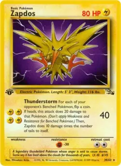 Pokemon Zapdos (30) NM Unlimited Normal Fossil - Image 1