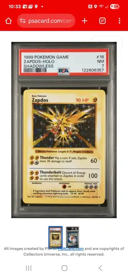 1999 Pokemon Holo Base Set Shadowless Zapdos Graded PSA 7 Near Mint - Image 3