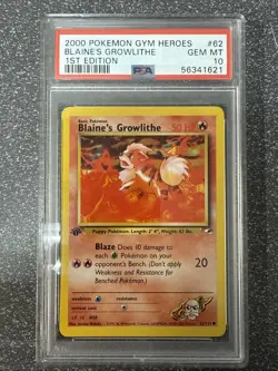 First Edition 2000 Pokemon Gym Heroes 62/132 Blaine's Growlithe PSA Mint 10 - Image 1