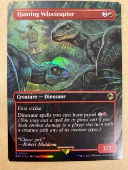 MTG 1x FOIL BORDERLESS Hunting Velociraptor 4 Jurassic World Magic the x1 NM - Image 1