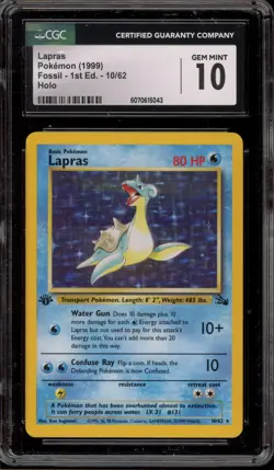 Pokemon Lapras Fossil 1st Edition Holo Rare #10 CGC 10 Gem Mint - Image 1